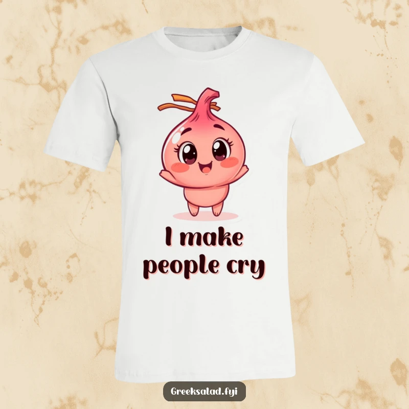 Funny red onion t-shirt featuring a character with wide eyes, happily spinning, perfect for fans of quirky vegetable humor.