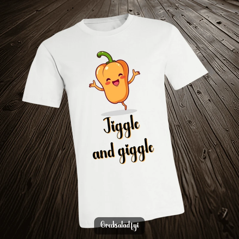 Funny t-shirt displaying a happy bell pepper character energetically doing a little jig with a flourish, full of veggie enthusiasm.