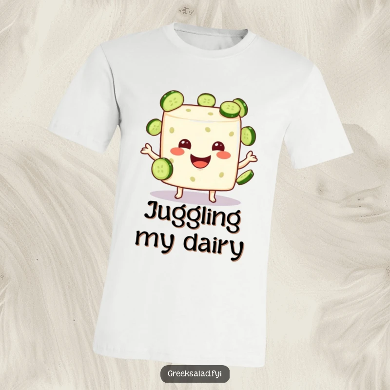 Funny feta cheese cube character smiling and juggling tiny cucumber slices, printed on a comfortable t-shirt.