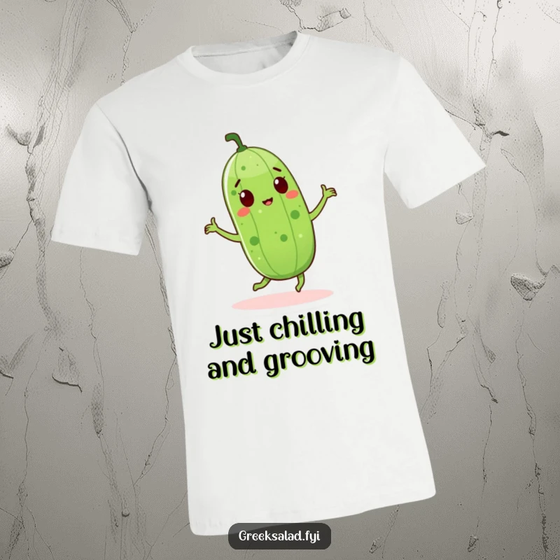 Funny cucumber character caught mid-dance on a t-shirt, exuding pure joy and a playful, energetic vibe.