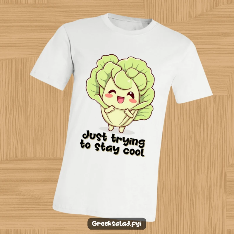 Funny t-shirt showcasing a joyful lettuce leaf character comically fanning itself, radiating a cool and humorous vibe.
