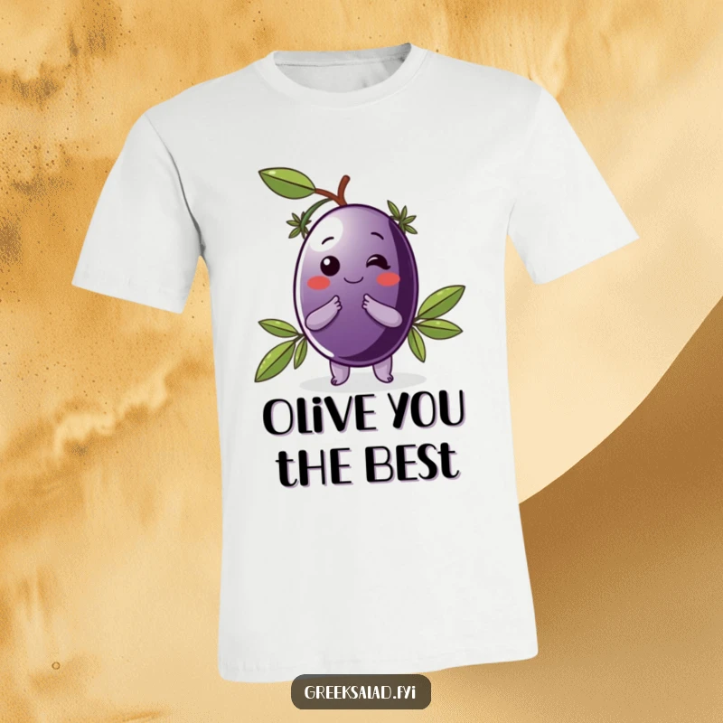 Funny t-shirt showcasing a delighted Kalamata olive wearing a laurel wreath and doing a distinguished bow.