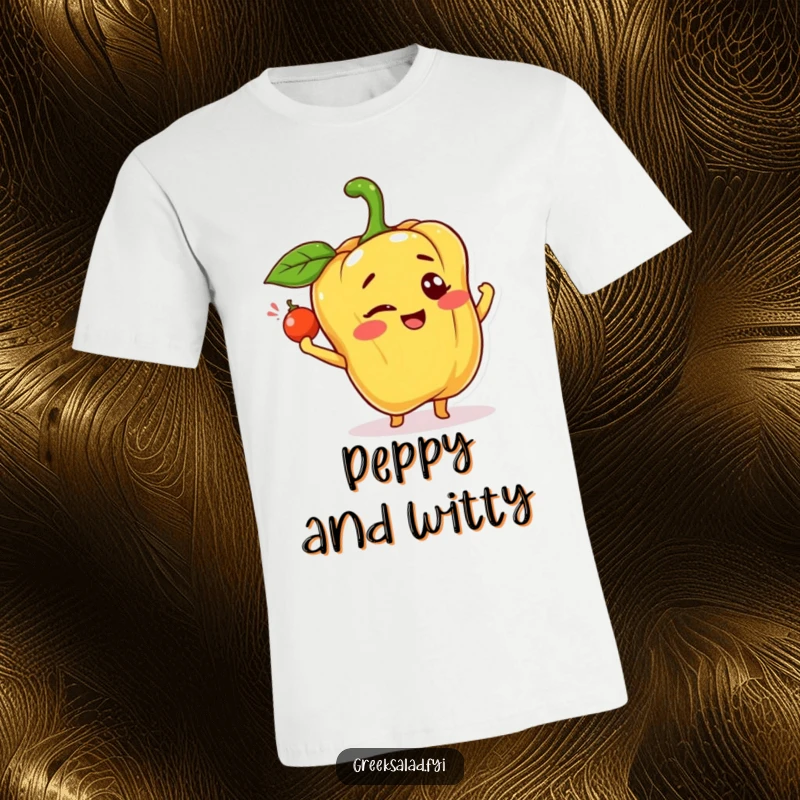 Funny t-shirt design of a happy bell pepper character giving a wink while tossing a small caper, celebrating playful cheer.