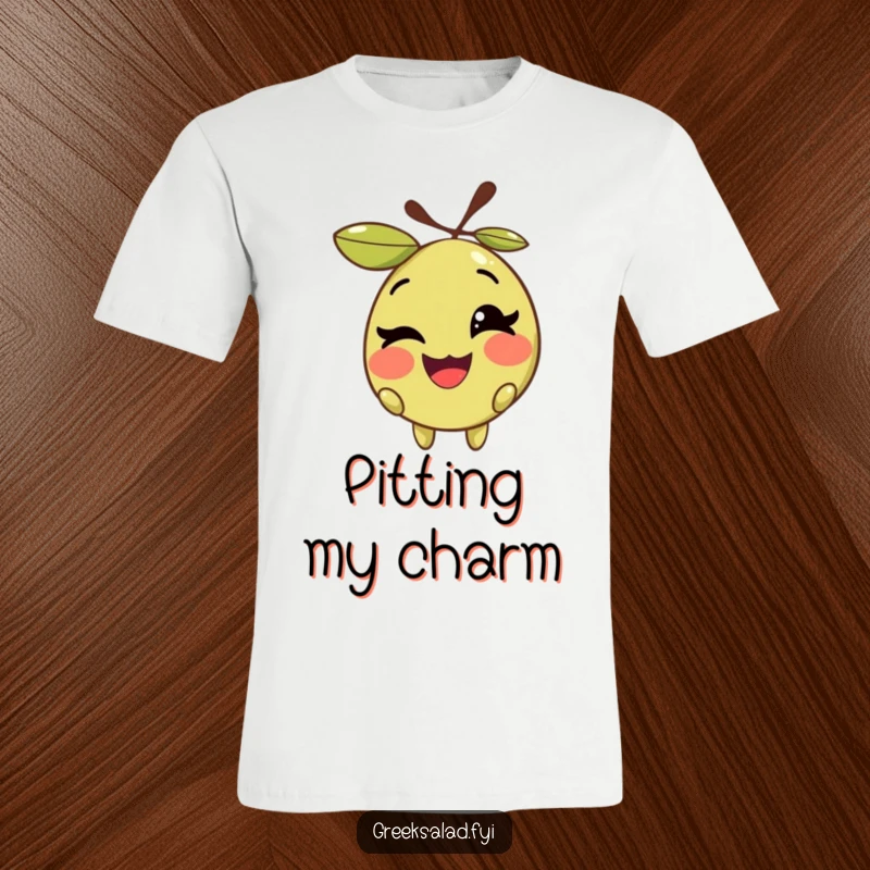 Funny T-shirt showcasing a smiling olive character with its pit, giving a playful wink, perfect for foodies and pun lovers.