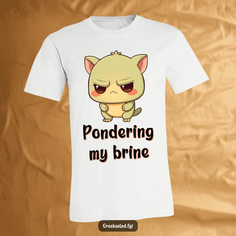 Funny t-shirt design featuring a grumpy olive character with an intrigued expression, perfect for those with a penchant for dry wit.