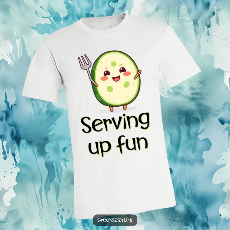 Funny T-Shirt: A grinning cucumber slice happily waves a small fork, embodying culinary joy.