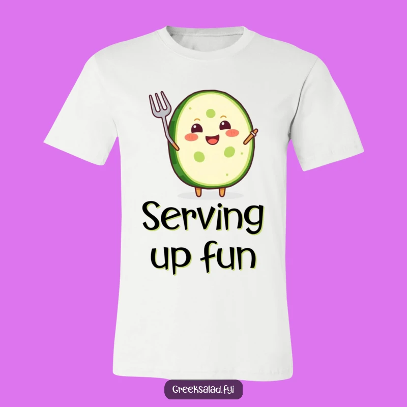 Funny T-Shirt: Happy Cucumber Grinning, Waving Fork, Cool Tee