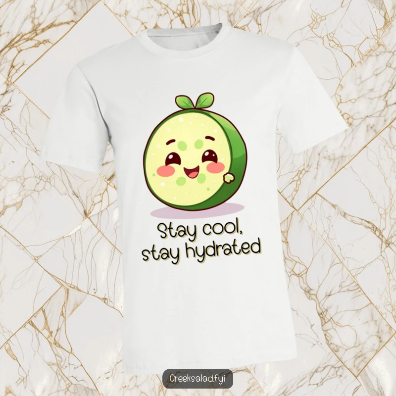 Funny delighted cucumber slice character with a cool expression and refreshing smile on a t-shirt, cool comedic apparel.