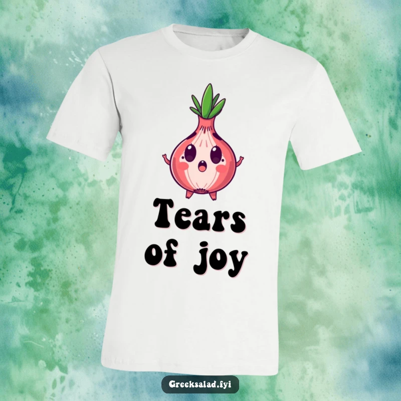 Funny t-shirt design of a red onion character with a shocked expression and expanding rings, perfect for expressing surprise.