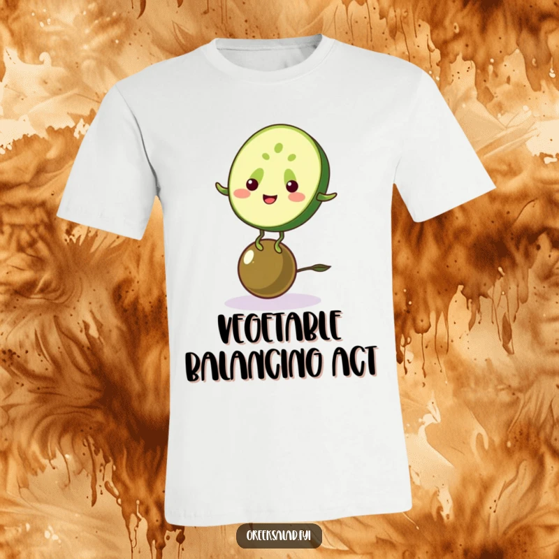 Funny t-shirt showcasing a grinning cucumber slice balancing on an olive, a humorous depiction of healthy food antics.