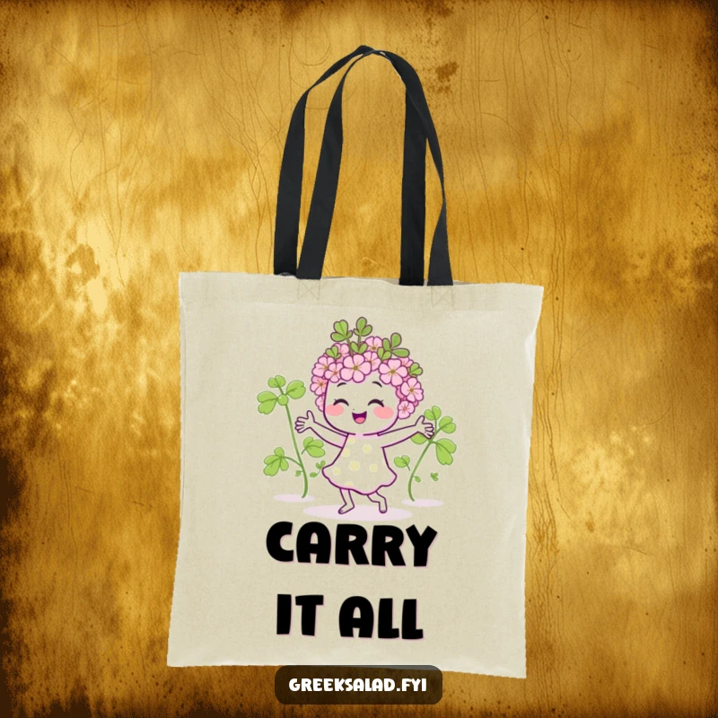 Funny tote bag illustrating a cheerful oregano sprig dancing, perfect for carrying groceries with a side of herb-inspired humor.