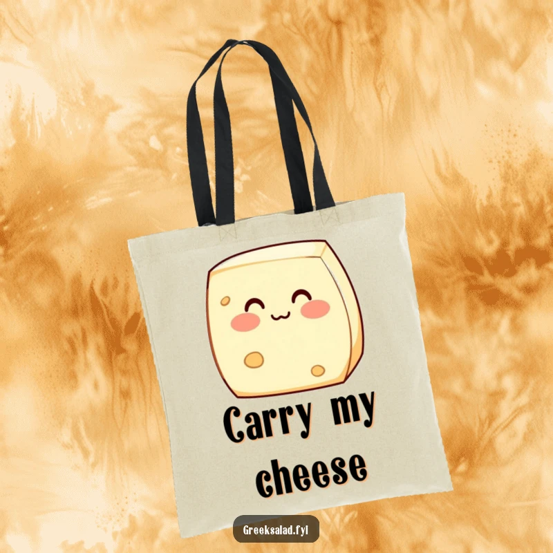 Funny tote bag featuring a shy feta cheese block blushing adorably, perfect for carrying groceries or daily items with a cute, bashful vibe.