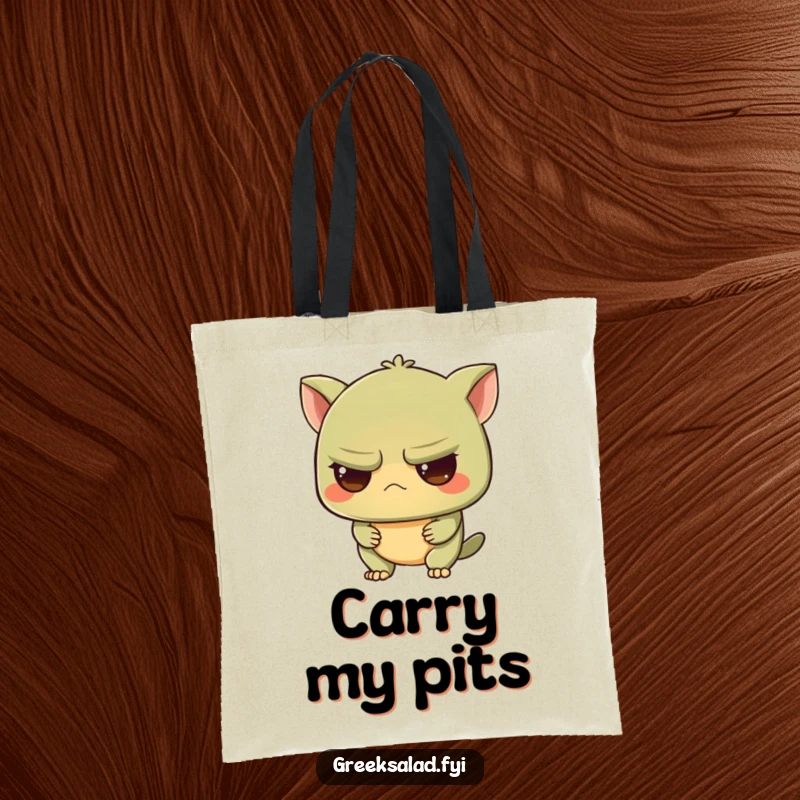 Funny tote bag featuring a grumpy olive character with an intrigued expression, perfect for carrying items with a touch of wry, amusing humor.