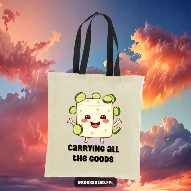 Funny feta cheese cube character smiling while juggling green cucumber slices, printed on a durable tote bag.