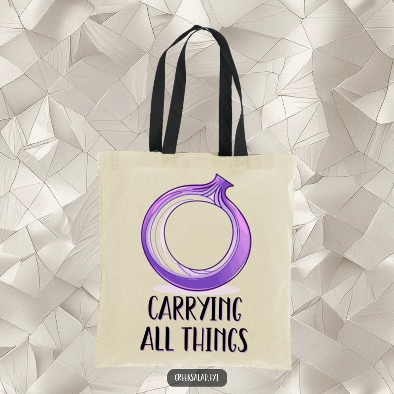 Funny purple onion ring spinning on its edge, featured on a durable tote bag, a humorous and practical accessory.