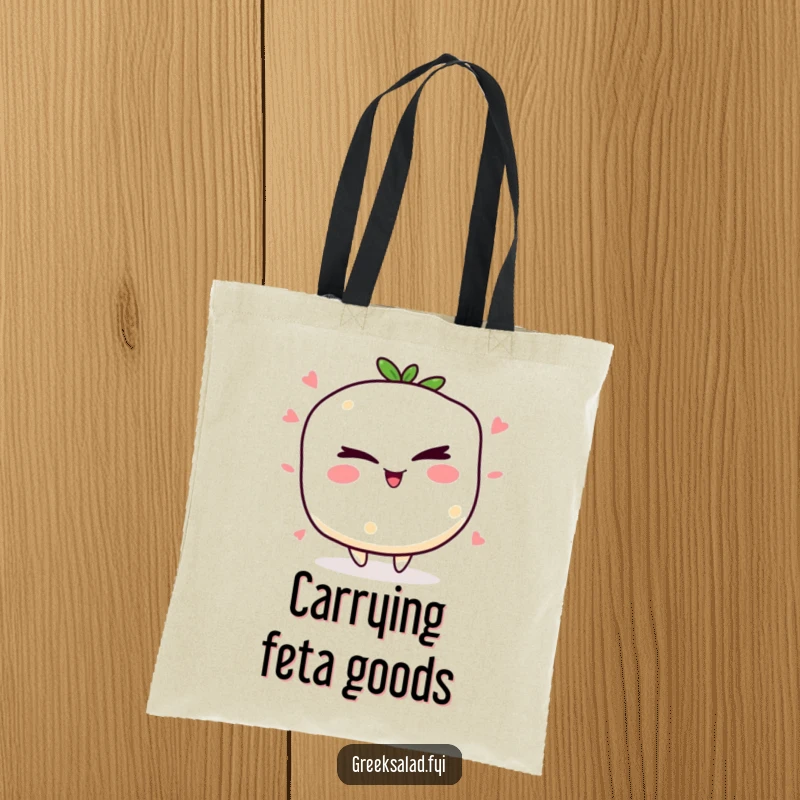 Funny winking feta cheese tote bag with a jolly character winking, great for groceries and a dose of cheesy humor.