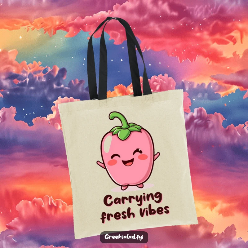 Funny tote bag with a cheerful bell pepper character sporting a bright smile, ideal for shopping trips.