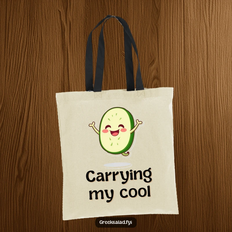 Funny tote bag with a bright, smiling cucumber slice performing an energetic happy jump, ready to carry your items with vegetable cheer.