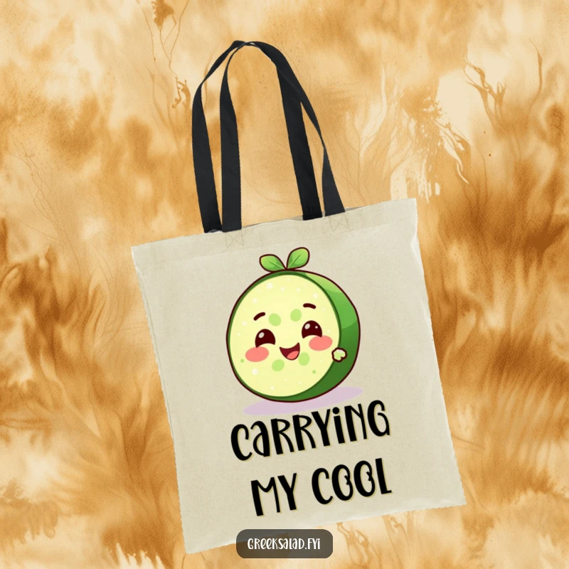 Funny delighted cucumber slice character with a cool expression and refreshing smile on a durable tote bag, cool refreshing everyday carry.
