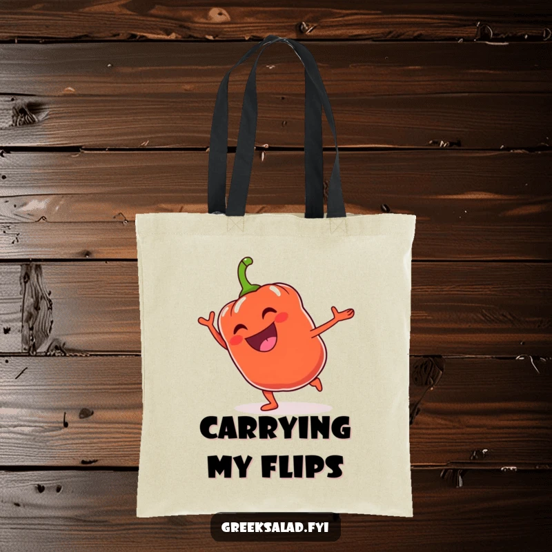 Funny Bell Pepper Cartwheel Tote Bag: A grinning bell pepper performs a cartwheel, a fun accessory for carrying items.