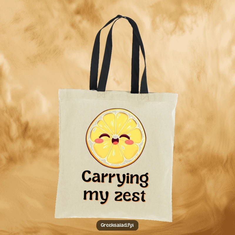 Funny tote bag illustration of a giggling lemon slice giving a playful wink, ideal for carrying essentials with a zesty attitude.