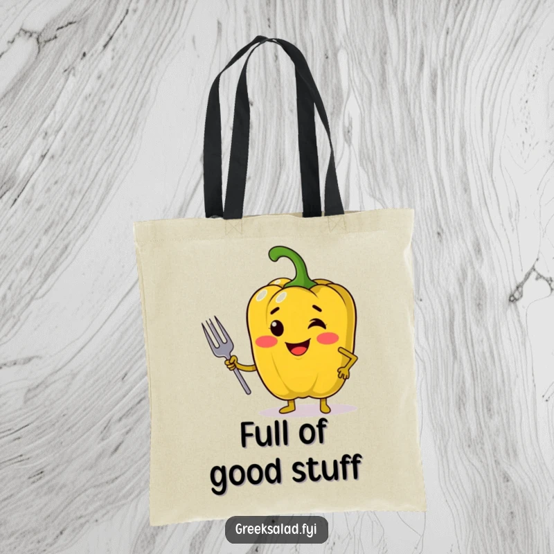 Funny tote bag illustration of a jolly bell pepper in a confident pose holding a mini fork, ideal for market trips and kitchen supplies.