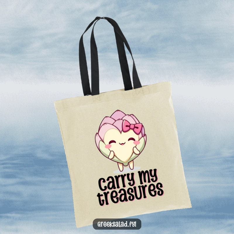 Funny delighted artichoke heart character executing a polite happy bow, durable tote bag for everyday use.