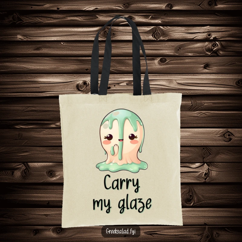 Funny tote bag illustrating a charming balsamic glaze character dripping gracefully, perfect for shopping with gourmet humor.