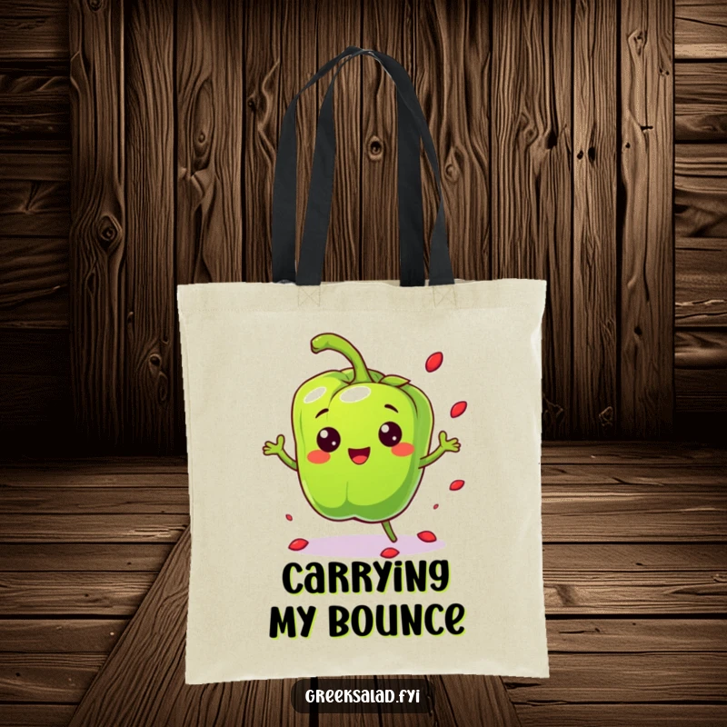 Funny cheerful bell pepper character bouncing playfully and scattering seeds on a durable tote bag, bouncy practical veggie lover gift.