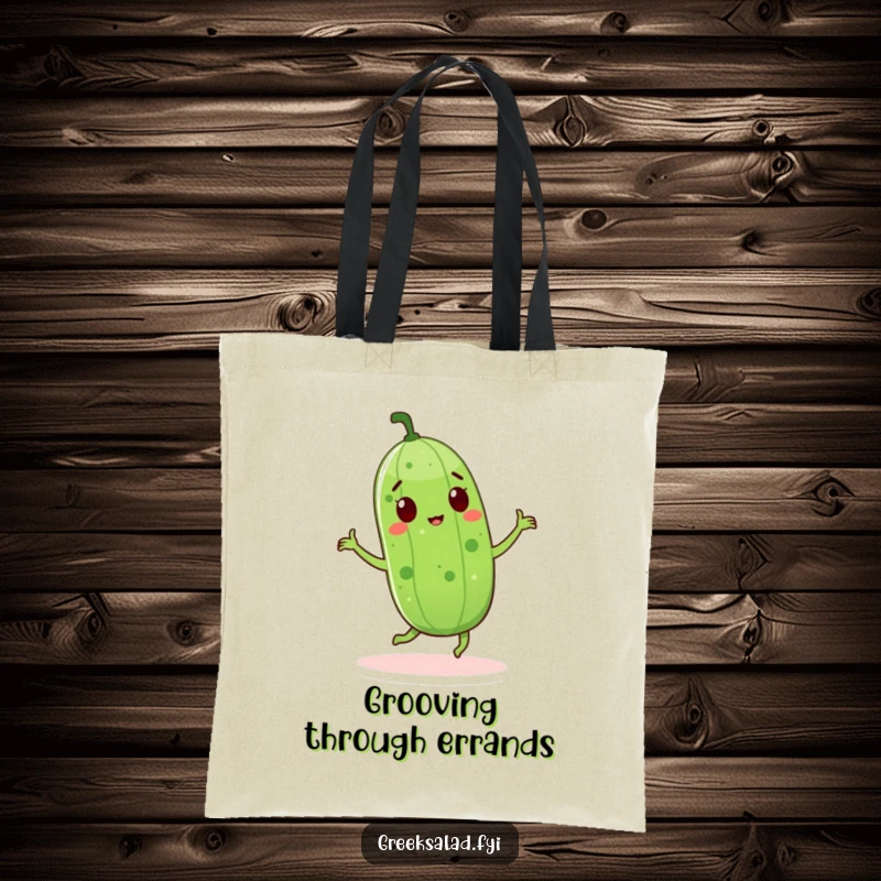 Funny cucumber character dancing energetically on a tote bag, perfect for carrying groceries with a dose of playful charm.