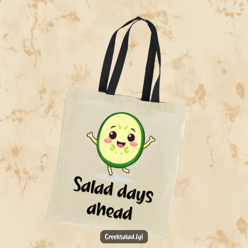 Funny Tote Bag depicting a happy, jumping cucumber slice ready for adventure, perfect for carrying groceries with a smile.
