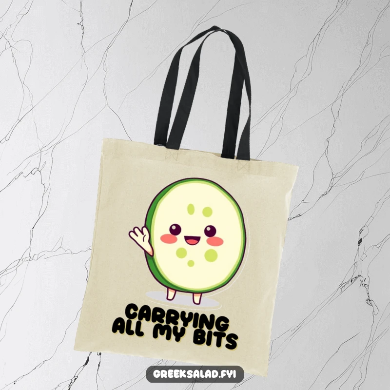 Funny tote bag featuring a happy cucumber slice character in a cheerful wave, perfect for stylish and humorous shopping.