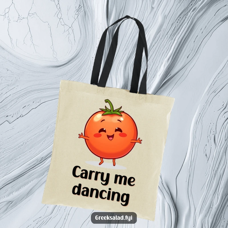 Funny tote bag with a smiling tomato character with tiny legs performing a lively dance, perfect for carrying essentials.
