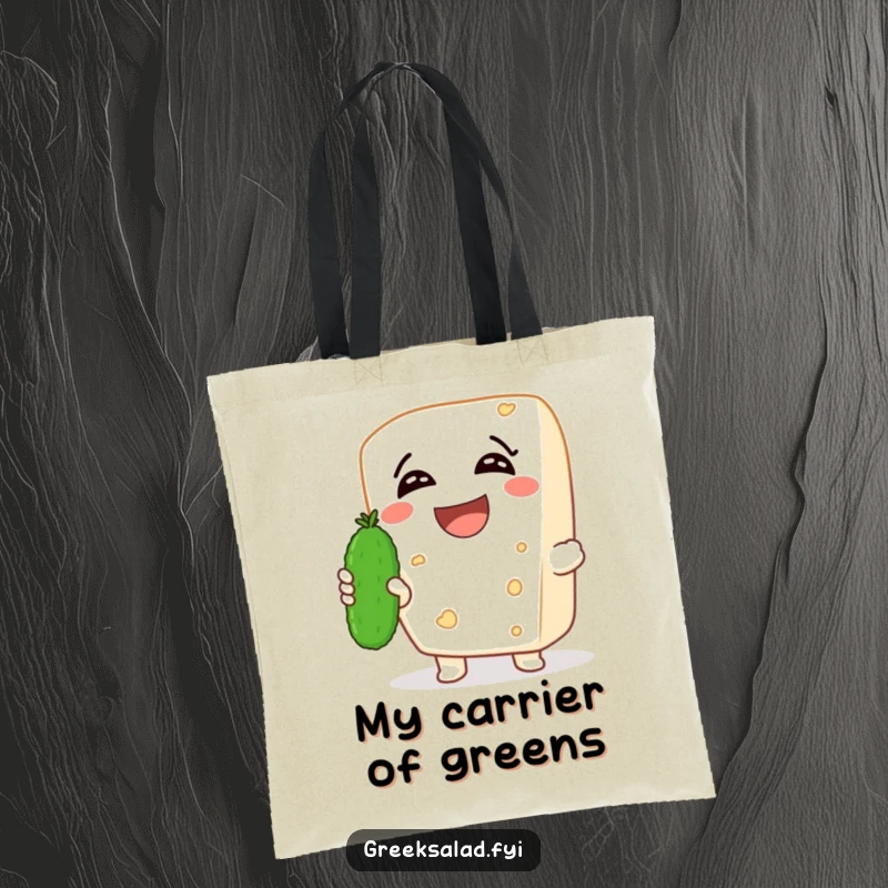 Funny tote bag featuring a laughing feta cheese character holding a tiny cucumber, a practical and witty accessory for everyday use.