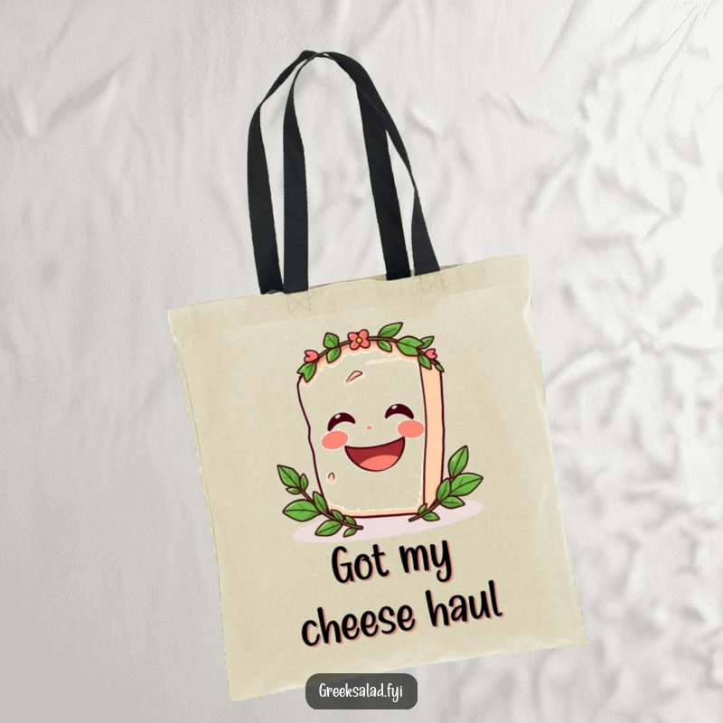 Funny Tote Bag showcasing a laurel-crowned feta cheese block spinning joyfully, ready to carry your essentials with a cheesy smile.