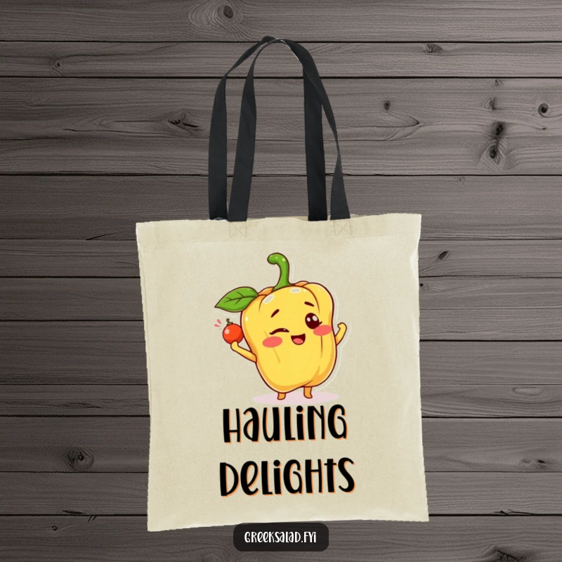 Funny tote bag illustration of a happy bell pepper character winking while tossing a caper, perfect for carrying goodies with flair.