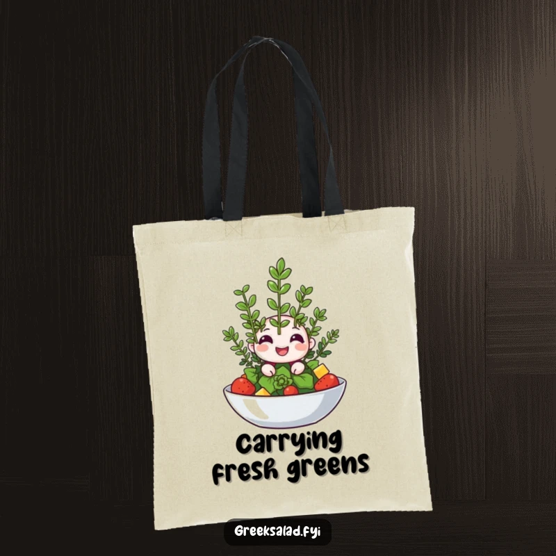 Funny tote bag featuring a happy oregano sprig winking from a salad, ideal for carrying fresh goods.