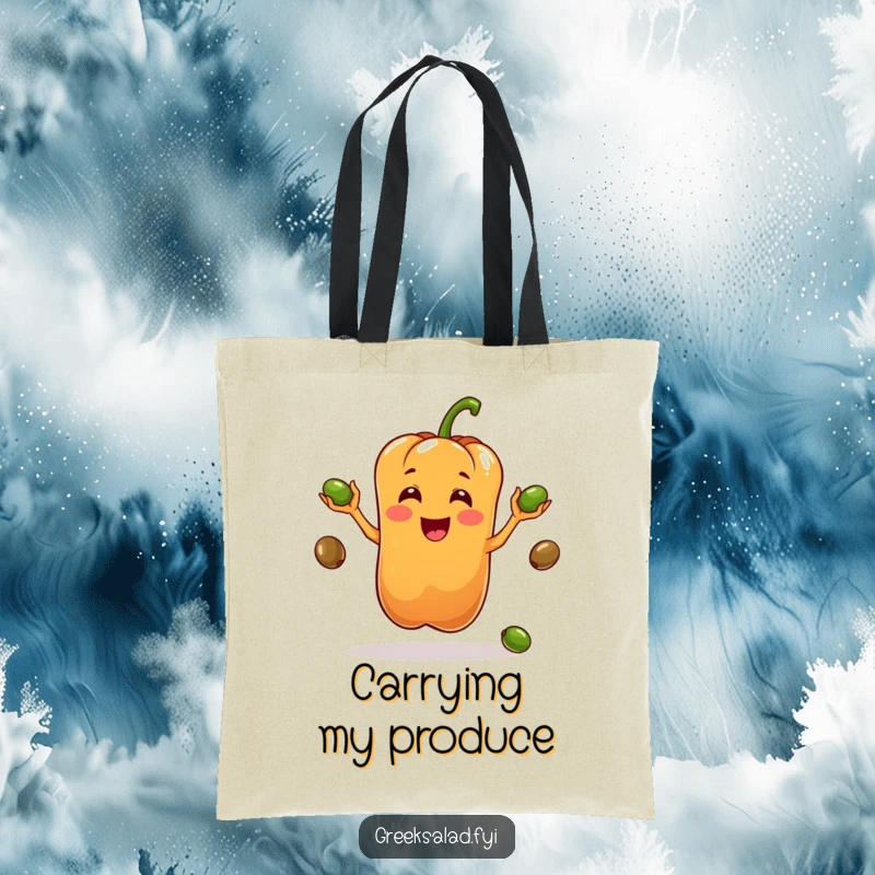 Funny tote bag showcasing a bell pepper character expertly juggling several olives, perfect for carrying groceries or everyday items.