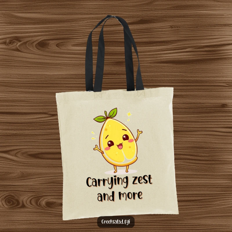 Funny lemon wedge tote bag showing a lively citrus character wiggling its zest, perfect for carrying goods with citrusy flair.