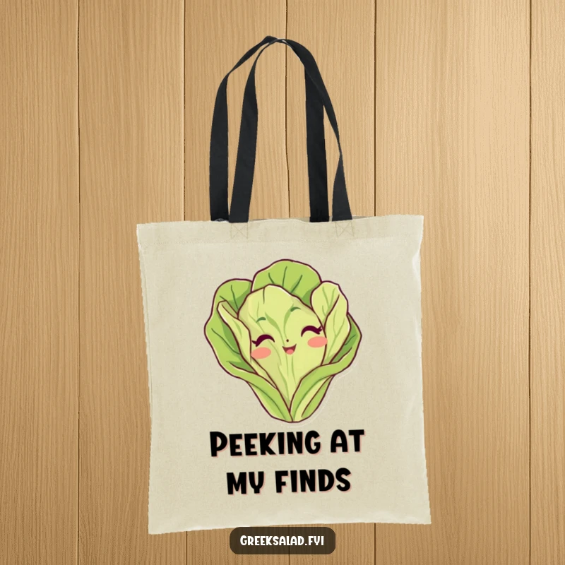 Funny lettuce leaf tote bag depicting a cute vegetable character peeking over the edge, great for grocery shopping fun.