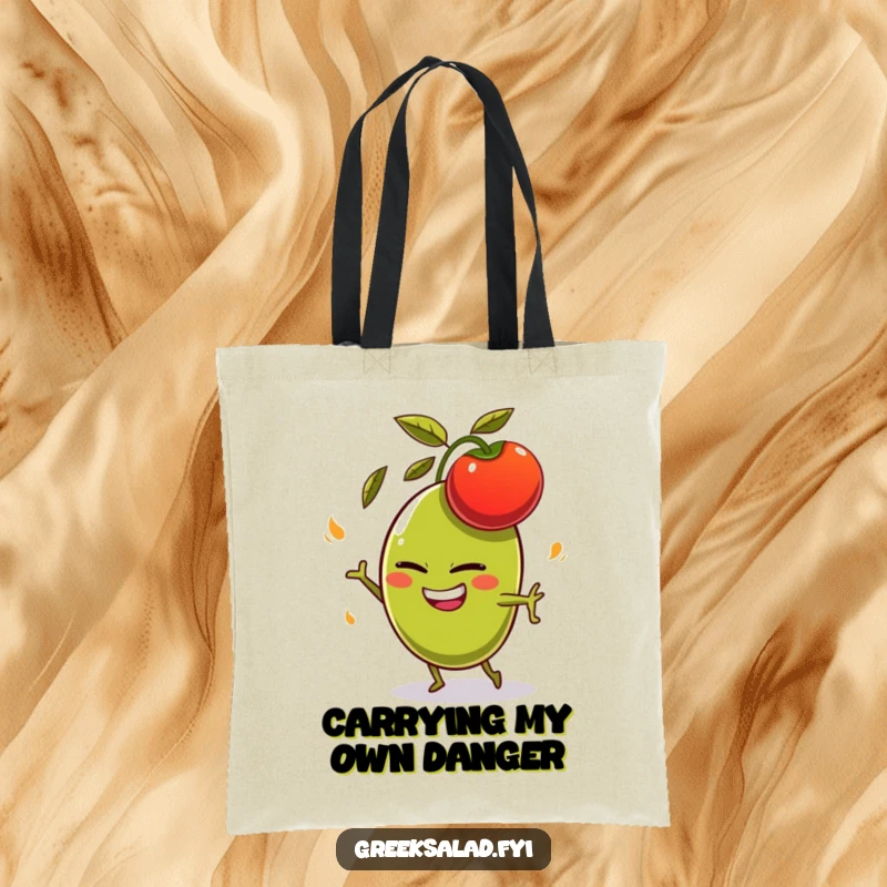 Funny olive character with a mischievous grin, comically dodging a flying tomato on a durable tote bag, whimsical funny gift.