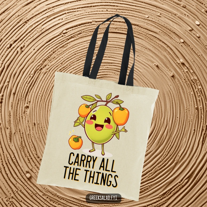 Funny tote bag showcasing a smiling olive juggling multiple colorful bell peppers, designed for a practical yet humorous carry.