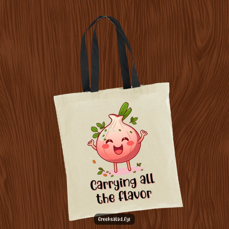 Funny grinning red onion ring character wiggling energetically and sprinkled with herbs on a durable tote bag, whimsical herb lover gift.