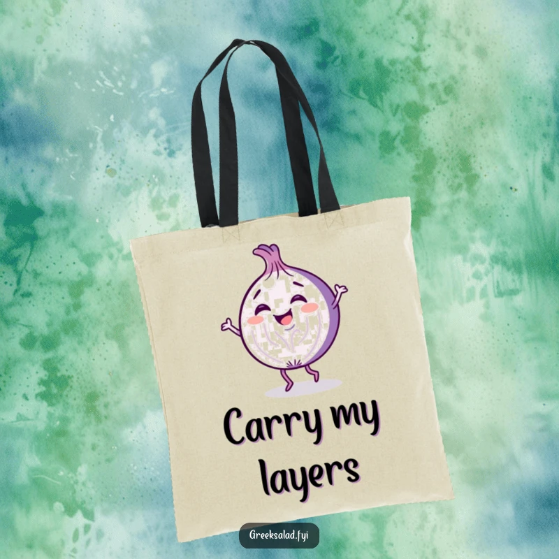 Funny tote bag with a cartoon purple onion slice character joyfully performing a playful dance, perfect for carrying essentials.