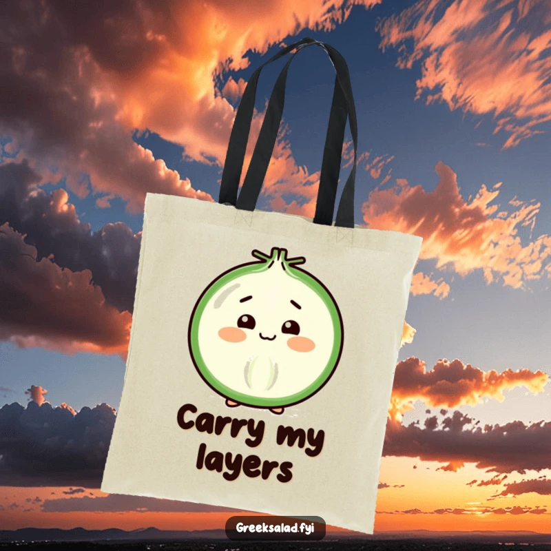 Funny Tote Bag featuring a cheerful onion slice in a shy, respectful bow, perfect for carrying your daily items.