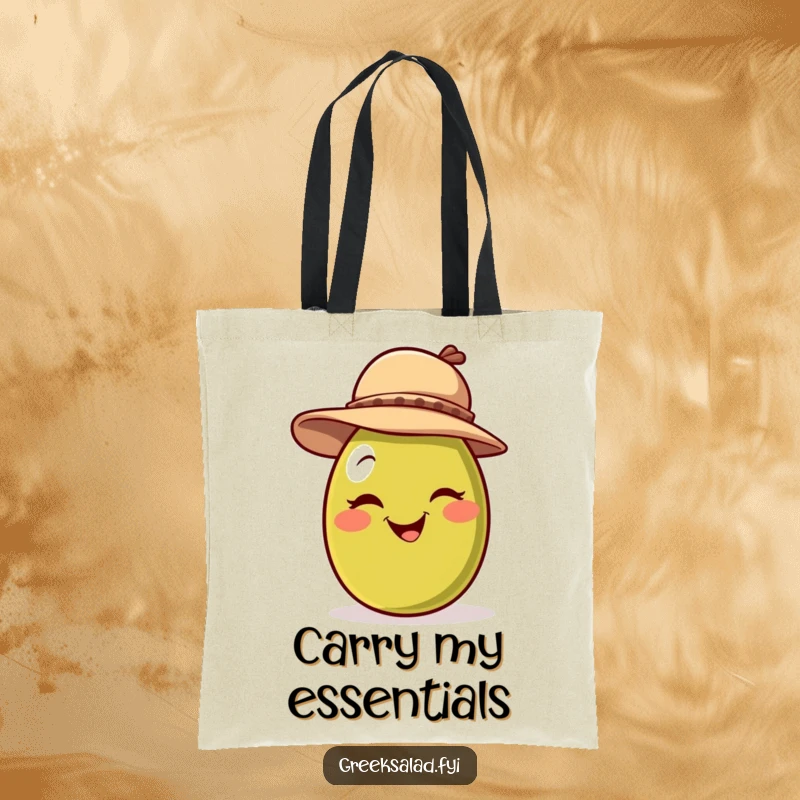 Funny tote bag with a smiling olive wearing a jaunty hat and giving a playful wink, perfect for carrying items with personality.