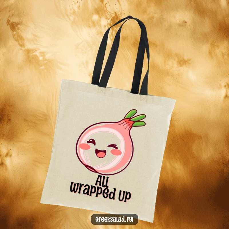 Funny Tote Bag with a smiling red onion ring winking playfully, adding a touch of cheeky charm to your day.