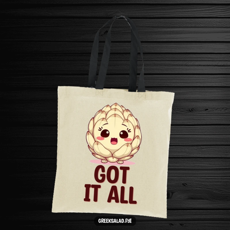 Funny tote bag illustrating a surprised artichoke heart peeking, perfect for shopping with a side of vegetable humor.