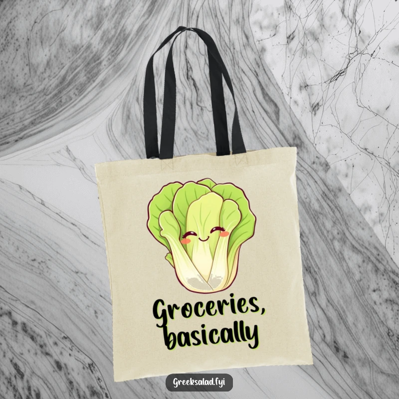 Funny tote bag illustrating a giggling romaine lettuce leaf waving hello, perfect for shopping with a dose of vegetable humor.