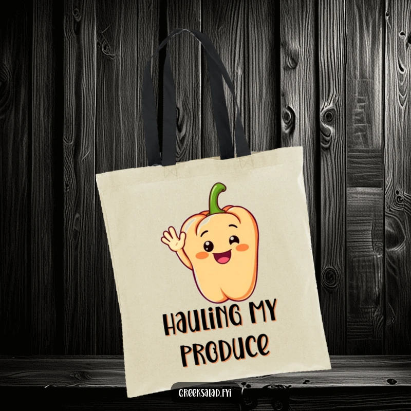 Funny tote bag featuring a grinning bell pepper segment waving cheerfully, ideal for carrying everyday essentials with style.